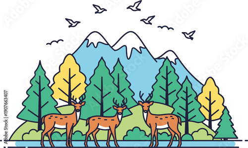 Stylized illustration depicts three wild deer standing near a flowing stream in a lush forest setting before tall snow capped mountains