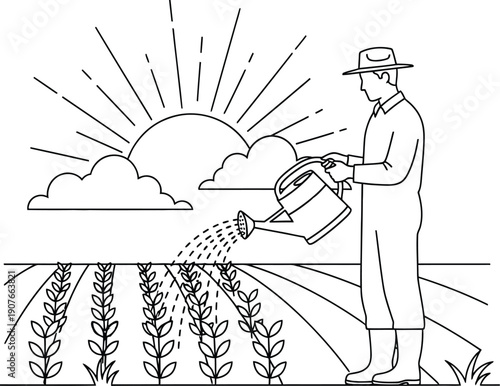 Farmer diligently waters newly planted crops in a field beneath a rising sun representing the start of a prosperous agricultural day