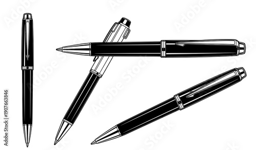 Black and White Pen Turning Vector Illustration Set