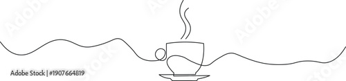 A steaming cup of coffee on a saucer with a continuous line drawing wave design in the background

