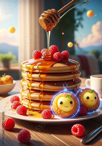 Wallpaper Mural Viscous golden syrup pours from a wooden drizzler onto a tall stack of fluffy breakfast cakes adorned with vibrant red berries Torontodigital.ca