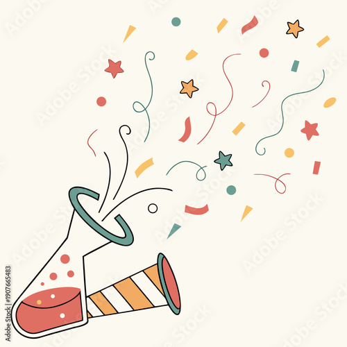 Cheerful scientist's experiment explodes in a vibrant burst of confetti, a playful representation of creative failure and joyous chaos. Vector art.