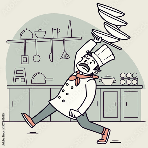 Chef comically juggles an excessive amount of plates, highlighting an overwhelming and impossible challenge with playful vector illustration.