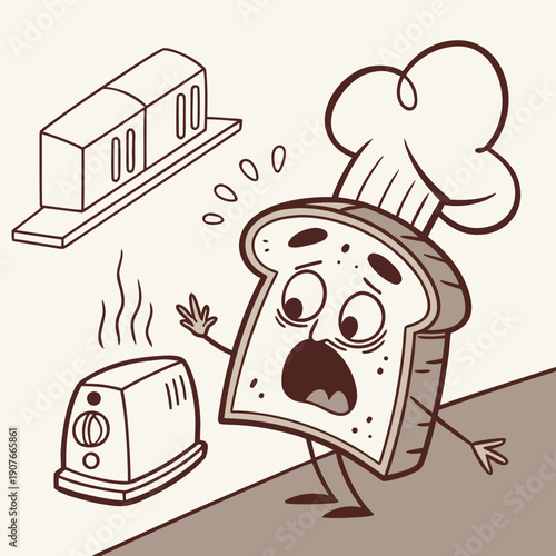 Chef hilariously burns toast into a face shape, a whimsical representation of kitchen accidents and unexpected culinary creations. Vector art.