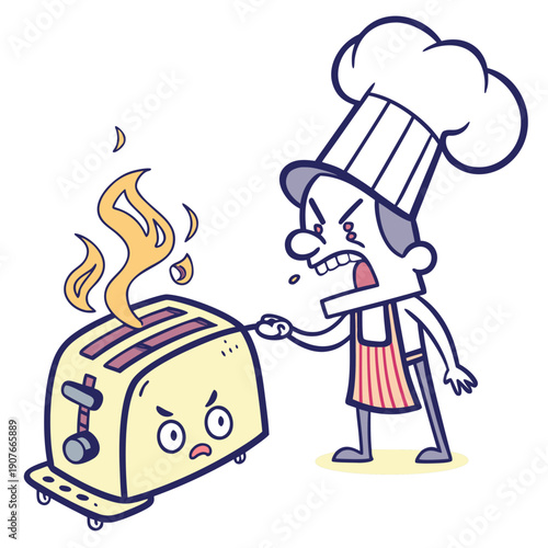 Chef's burnt toast amusingly forms a face, a whimsical visual of kitchen blunders leading to funny and unexpected results. Vector illustration.