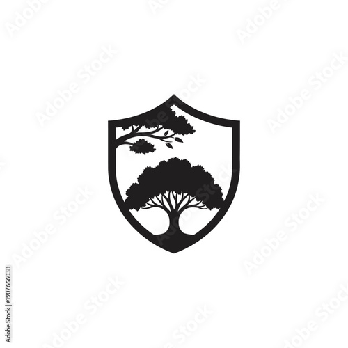 Nature Protection Shield Logo with Strong Tree Silhouette - Environmental Security Emblem