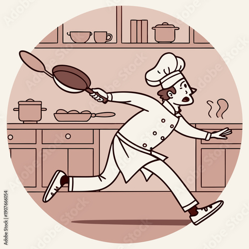 Whimsical chef humorously chasing a rolling frying pan, cartoon vector illustration for culinary themes and funny cooking concepts.