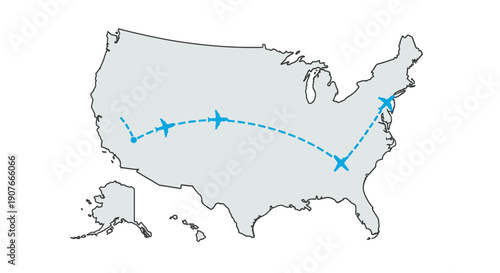 A graphic illustration depicting airplane routes across the United States, showing travel from coast to coast