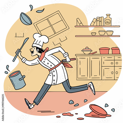 A chef in pursuit of rolling kitchen tools, a whimsical vector illustration capturing the humorous chaos of a busy culinary environment.