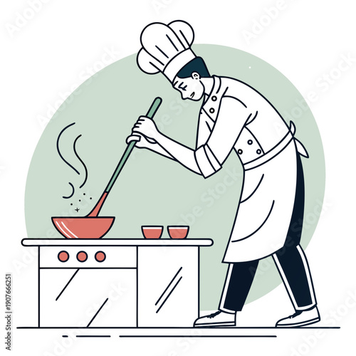 Chef cooking with a cracked ladle, a flat vector illustration capturing a humorous kitchen mishap and the funny side of culinary struggles.