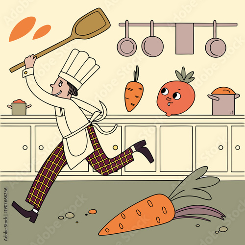 Chef humorously chasing runaway vegetables in a whimsical vector style, ideal for depicting the funny side of healthy cooking and food preparation.