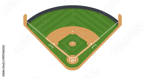 Vector illustration of a baseball field from an aerial perspective, showing the diamond, green outfield, foul lines, and player areas, perfect for sports graphic design