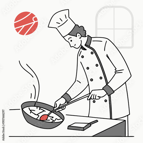 Chef cooking with a cracked pan, humorous flat vector illustration for cooking fails, kitchen accidents, and relatable culinary challenges.