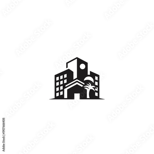 Tropical Resort Hotel Building Silhouette Logo Icon with Palm Tree and Sun