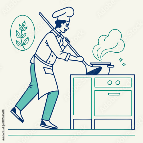 Chef cooking with an oversized spoon, funny flat vector illustration for exaggerated kitchen tasks and culinary humor.
