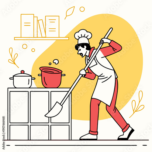 Flat vector illustration of a chef awkwardly using an oversized spoon, capturing the humorous side of cooking with exaggerated tools.