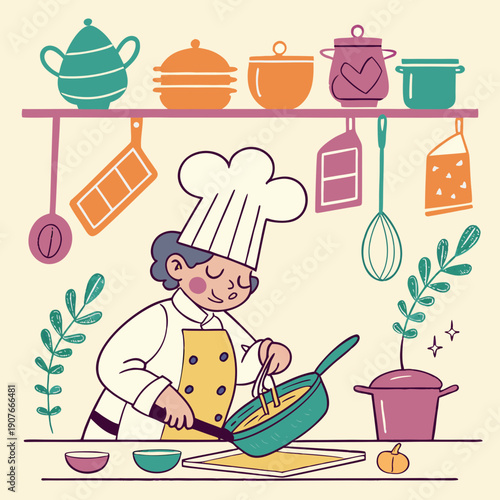 A chef humorously using mismatched kitchen utensils, whimsical vector art depicting the funny side of cooking and culinary creativity.