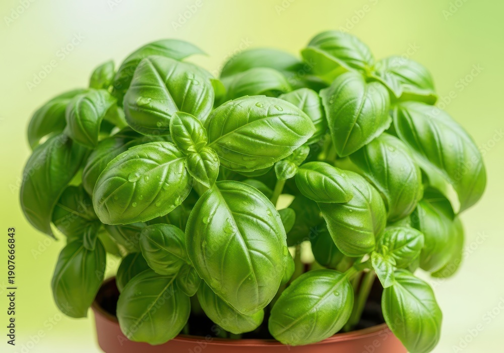 Fototapeta premium A close-up shot of fresh, vibrant green basil leaves growing abundantly in a small garden pot, ready for culinary use, healthy, ingredient, aromatic