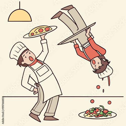 A chef's funny mistake: serving plates held completely inverted in a chaotic culinary scene illustration.