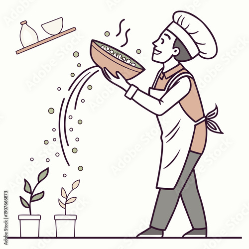 Chef serves sideways spilling soup with clean, vibrant colors, a funny and liquid mishap illustration.