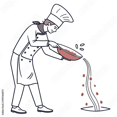 A chef humorously spills soup sideways in a brightly colored, chaotic kitchen scene illustration.