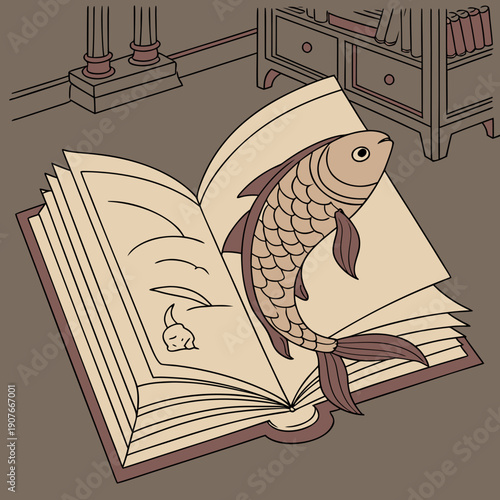 Surreal Renaissance illustration of an ancient book transforming into a school of fish, representing knowledge evolving into life. Vector.
