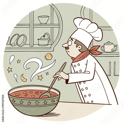 A chef's soup vanishes while stirring, a playful and humorous illustration of culinary magic.