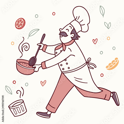 A chef confidently pretends to stir an empty pot, showcasing whimsical humor in the kitchen, illustration.