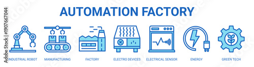 Automation Factory web banner icon vector illustration concept with icon of industrial robot, manufacturing, factory, electro devices, electrical sensor, energy, and green tech.