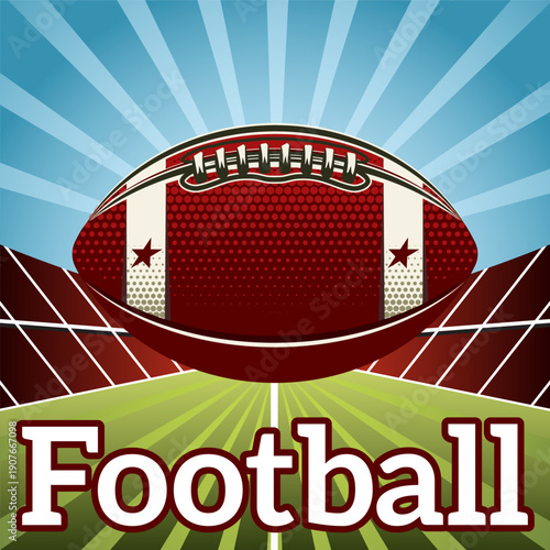 Dynamic football stadium illustration with a large American football against a vibrant sky and bold text.