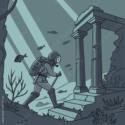 Renaissance diver in ornate antique armor navigates a mysterious ocean, symbolizing exploration and the quest for historical knowledge. Vector art.