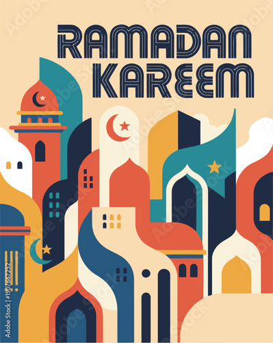 A vibrant, modern poster celebrates Ramadan Kareem with stylized Islamic architecture. Bold colors and geometric shapes create a festive and visually appealing design suitable for commercial use.
