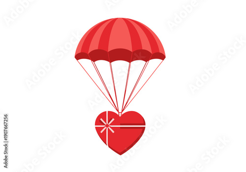 A vibrant parachute delivery drops a heart-shaped gift box. Modern, playful design perfect for Valentine's Day or romantic promotions. Bright colors and clear composition.