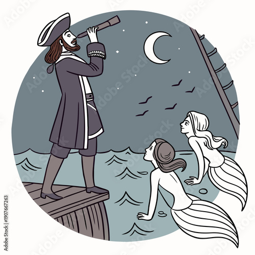 Renaissance explorer encounters mythical sea guardians in an underwater realm, symbolizing the meeting of ancient wisdom and the unknown. Vector.