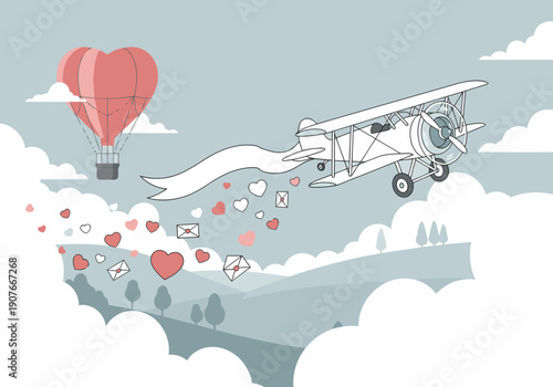 A vintage airplane delivers a love letter via hot air balloon, scattering hearts across a scenic landscape. Romantic, whimsical, and perfect for Valentine's Day illustrations.