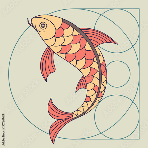 A striking Renaissance fish design featuring scales arranged in the golden ratio, symbolizing natural perfection and mathematical beauty. Vector art.