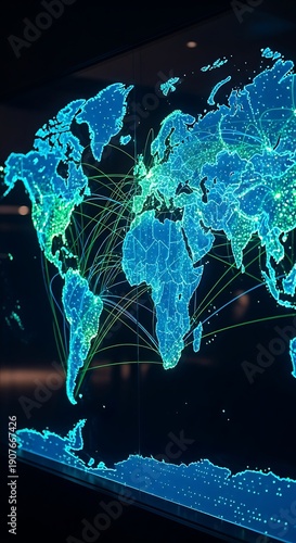Digital representation of worldwide connectivity and data transfer across continents