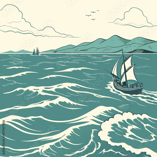 Infinite sea imagined in Renaissance style, a surreal concept of boundless ocean and imagination