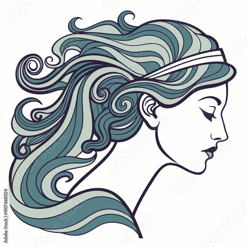 Renaissance siren with abstract wave hair, a mythical sea creature blending beauty and elemental forces