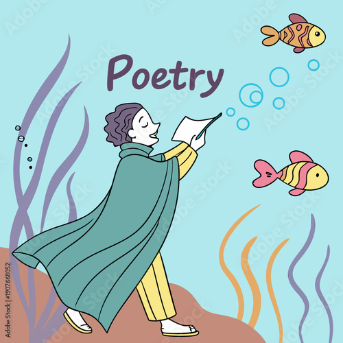 Renaissance-inspired underwater poet releasing words, a conceptual image of artistic expression and inspiration