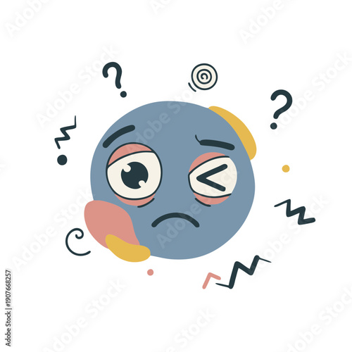  confused and sick blue character with question marks and dizzy symbols