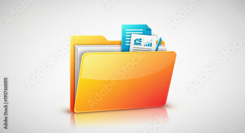 Yellow file folder with documents and papers sticking out on a white background with subtle shadow reflection