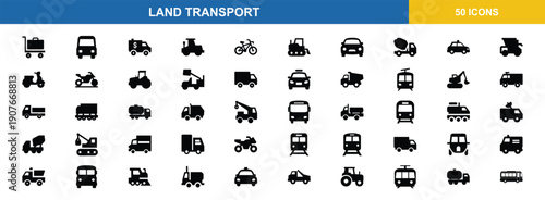 Land transport vehicle silhouettes set. Transport, vehicle, road, service, utility, mobility, collection. Vector illustration.