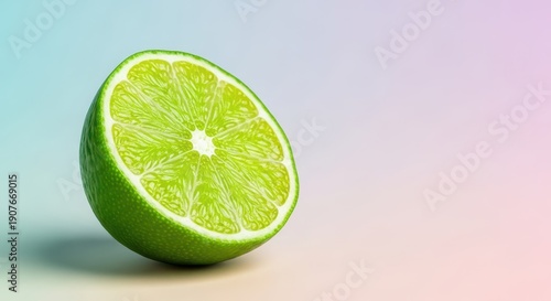 Fresh vibrant green lime fruit, cut in half to show juicy pulp texture, placed against a simple solid pastel background, diet, food, refreshment