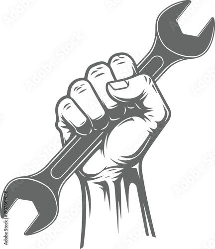 A hand holding a double-ended wrench in a simple illustration. Vector, illustration