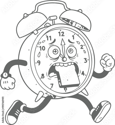 A cartoon alarm clock character running with a determined expression on its face. Vector, illustration