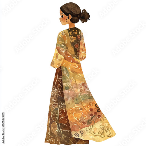 Woman in a patterned dress with a shawl back view.