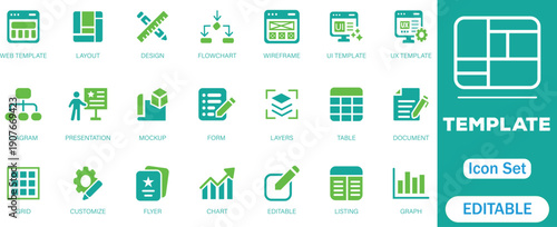 Template icon set. Layout, flowchart, diagram, form, wireframe, table, grid, editable, layers and more. Solid vector icons collection.
