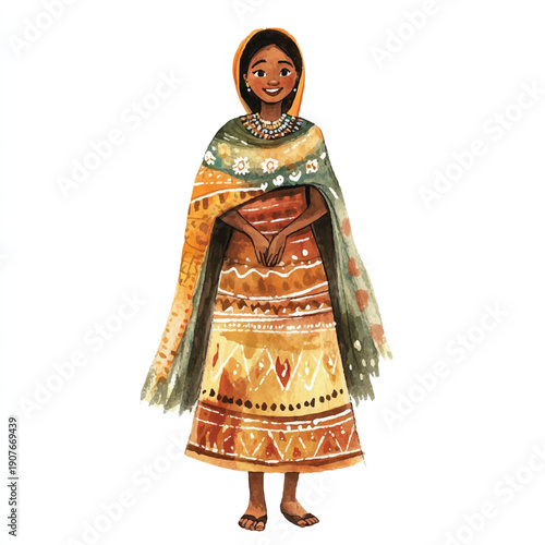 Woman in traditional attire with shawl and dress.