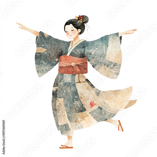 Woman in traditional Japanese kimono dancing gracefully.